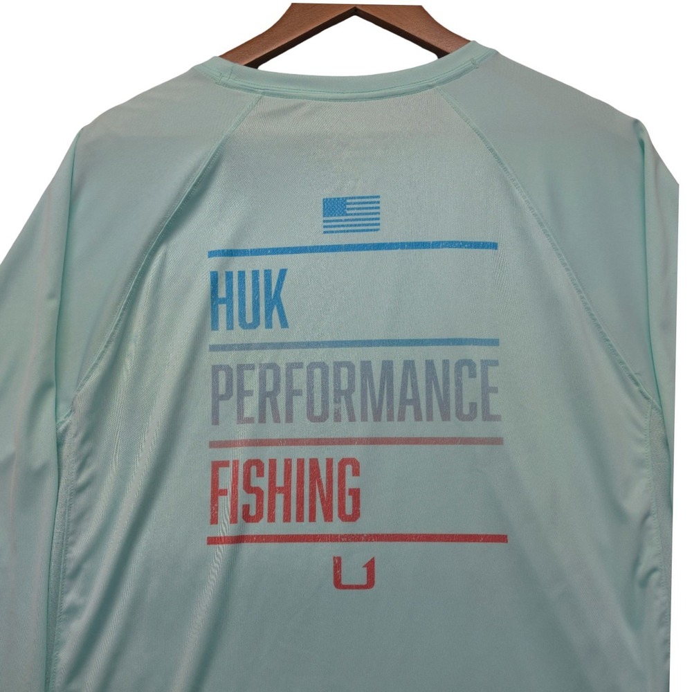 HUK Performance Fishing Long Sleeve Shirt Mens Large Mint Green USA Flag Outdoor